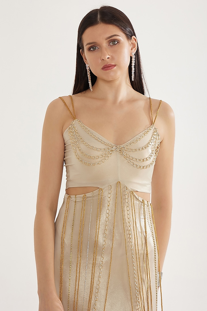 Champagne Gold Knit Foil Chain Embellished Party Wear Gown by CHAM CHAM at Pernia's Pop Up Shop