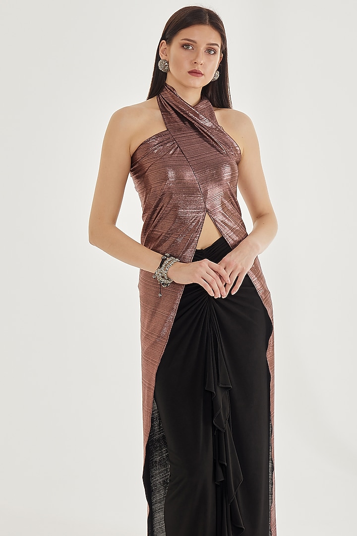 Black Stretch Knit Ruffled Gathered Skirt Set by CHAM CHAM at Pernia's Pop Up Shop