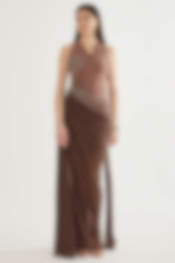 Nude & Brown Chiffon Bodycon Cowl Gown by CHAM CHAM at Pernia's Pop Up Shop