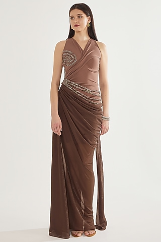 Nude & Brown Chiffon Bodycon Cowl Gown by CHAM CHAM at Pernia's Pop Up