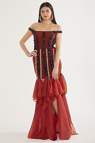 Rust Stretch Moss Crepe & Organza Ruffled Off-Shoulder Gown by CHAM CHAM