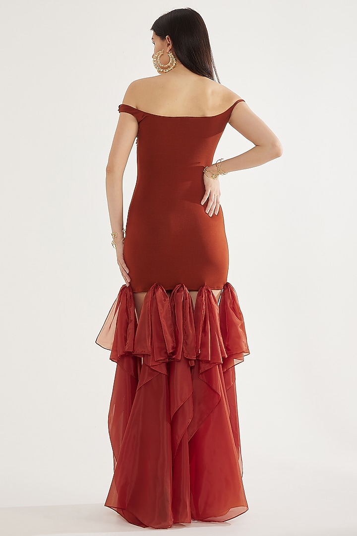 Rust Stretch Moss Crepe & Organza Ruffled Off-Shoulder Party Wear Gown by CHAM CHAM at Pernia's Pop Up Shop