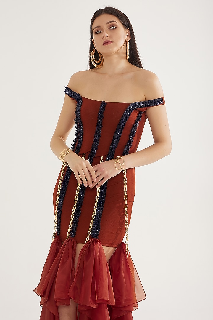 Rust Stretch Moss Crepe & Organza Ruffled Off-Shoulder Party Wear Gown by CHAM CHAM at Pernia's Pop Up Shop
