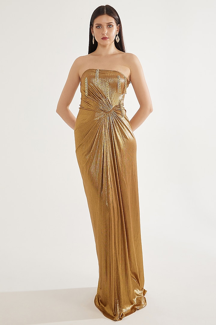 Gold Stretch Knit Foil Embellished Off-Shoulder Gown by CHAM CHAM at Pernia's Pop Up Shop