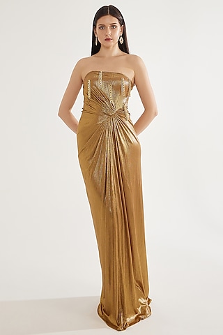 Gold Stretch Knit Foil Embellished Off-Shoulder Gown by CHAM CHAM