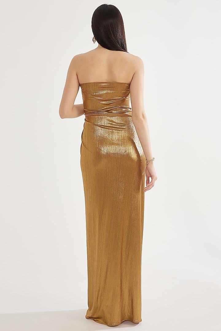 Gold Stretch Knit Foil Embellished Off-Shoulder Party Wear Gown by CHAM CHAM at Pernia's Pop Up Shop