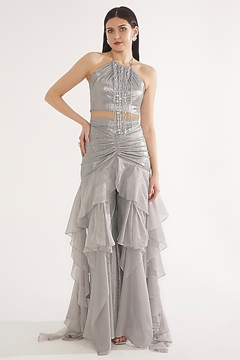 Silver Stretch Knit Foil & Organza Ruffled Pant Set by CHAM CHAM at Pernia's Pop Up Shop