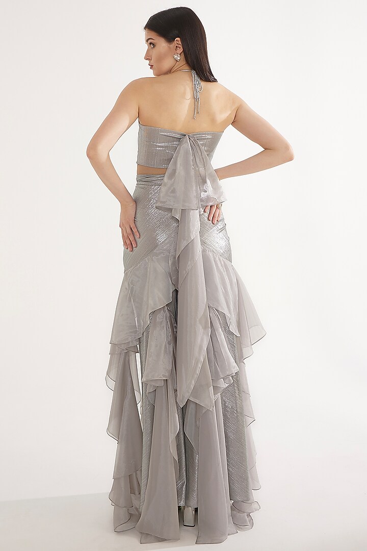 Silver Stretch Knit Foil & Organza Ruffled Pant Set by CHAM CHAM at Pernia's Pop Up Shop