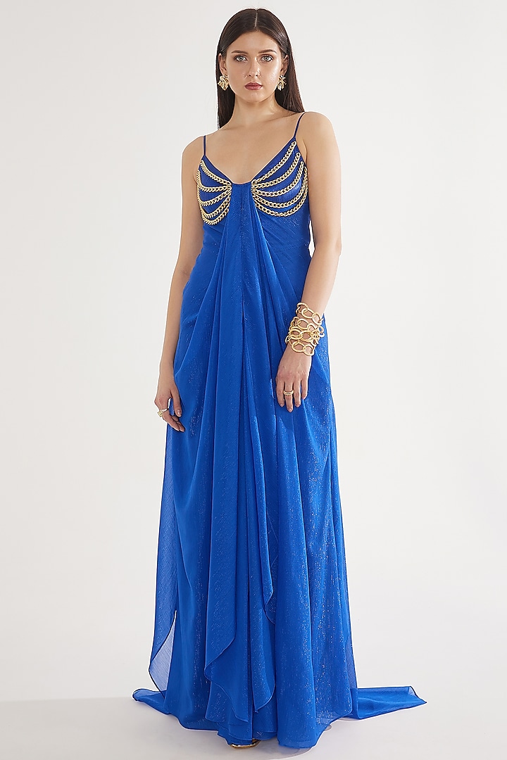 Electric Blue Stretch Knit Foil Chain Embellished Draped Gown by CHAM CHAM at Pernia's Pop Up Shop