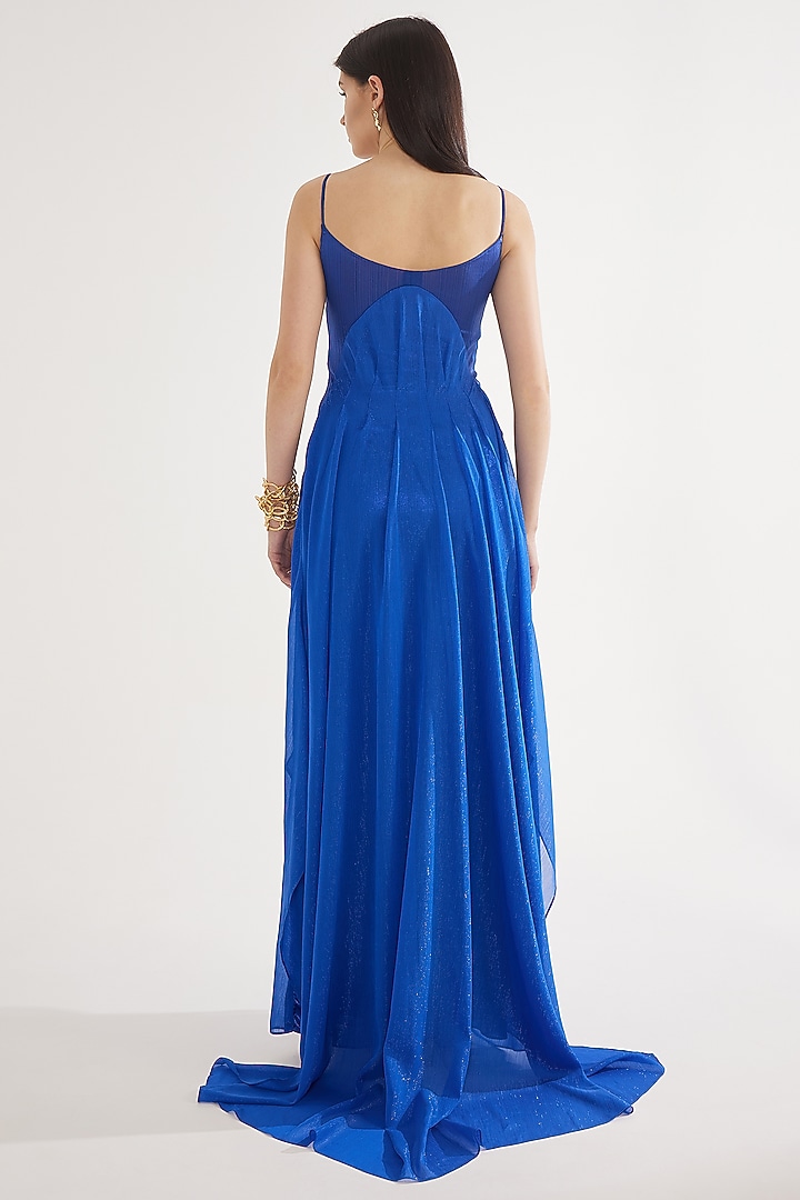 Electric Blue Stretch Knit Foil Chain Embellished Draped Party Wear Gown by CHAM CHAM at Pernia's Pop Up Shop