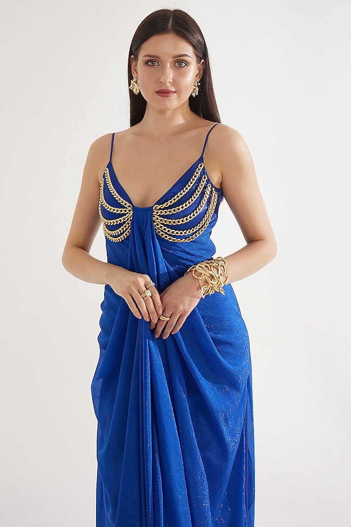 Electric Blue Stretch Knit Foil Chain Embellished Draped Party Wear Gown by CHAM CHAM at Pernia's Pop Up Shop