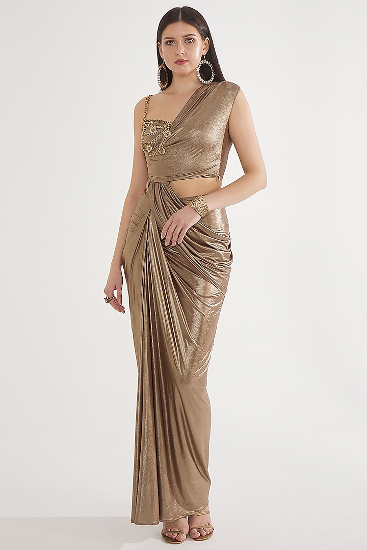 Antique Gold Stretch Knit Foil Draped Skirt Set by CHAM CHAM at Pernia's Pop Up Shop