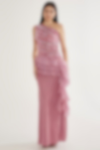 Pink Stretch Knit Stone Work One-Shoulder Ruffled Gown by CHAM CHAM at Pernia's Pop Up Shop