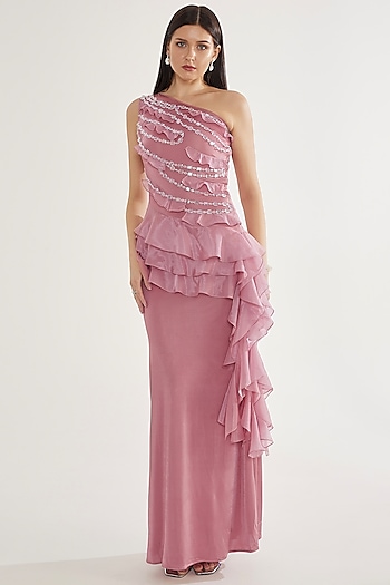 Pink Stretch Knit Stone Work One-Shoulder Ruffled Party Wear Gown by CHAM CHAM at Pernia's Pop Up Shop