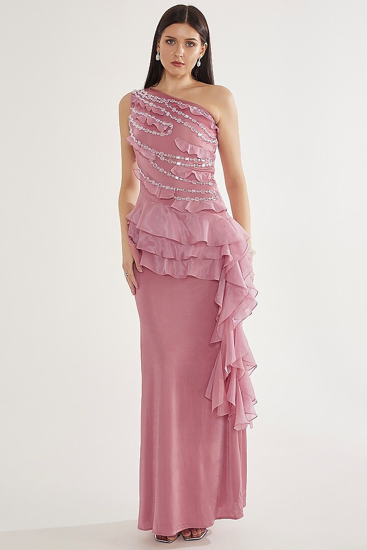 Pink Stretch Knit Stone Work One-Shoulder Ruffled Gown by CHAM CHAM at Pernia's Pop Up Shop