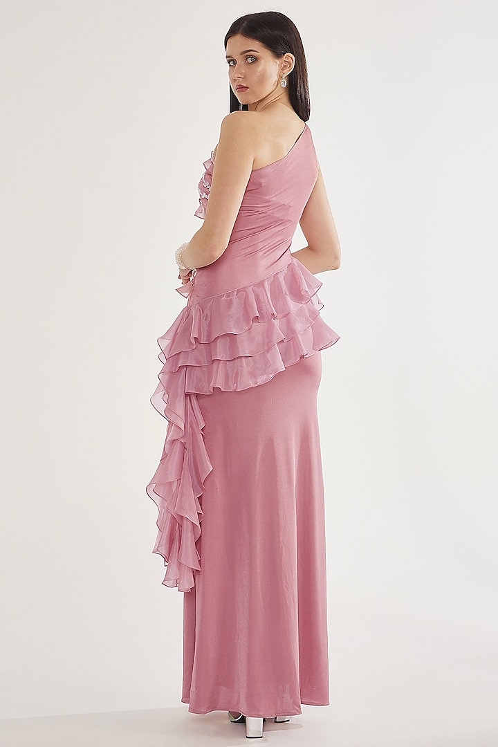Pink Stretch Knit Stone Work One-Shoulder Ruffled Party Wear Gown by CHAM CHAM at Pernia's Pop Up Shop