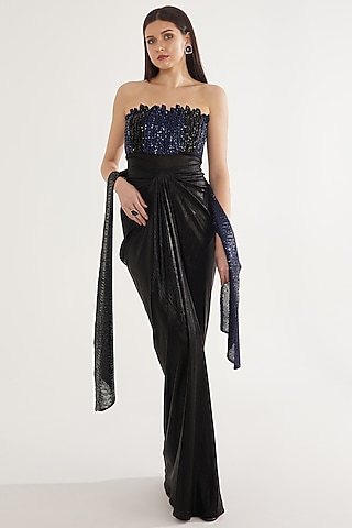 Black Stretch Knit Foil Sequins Draped Gown by CHAM CHAM