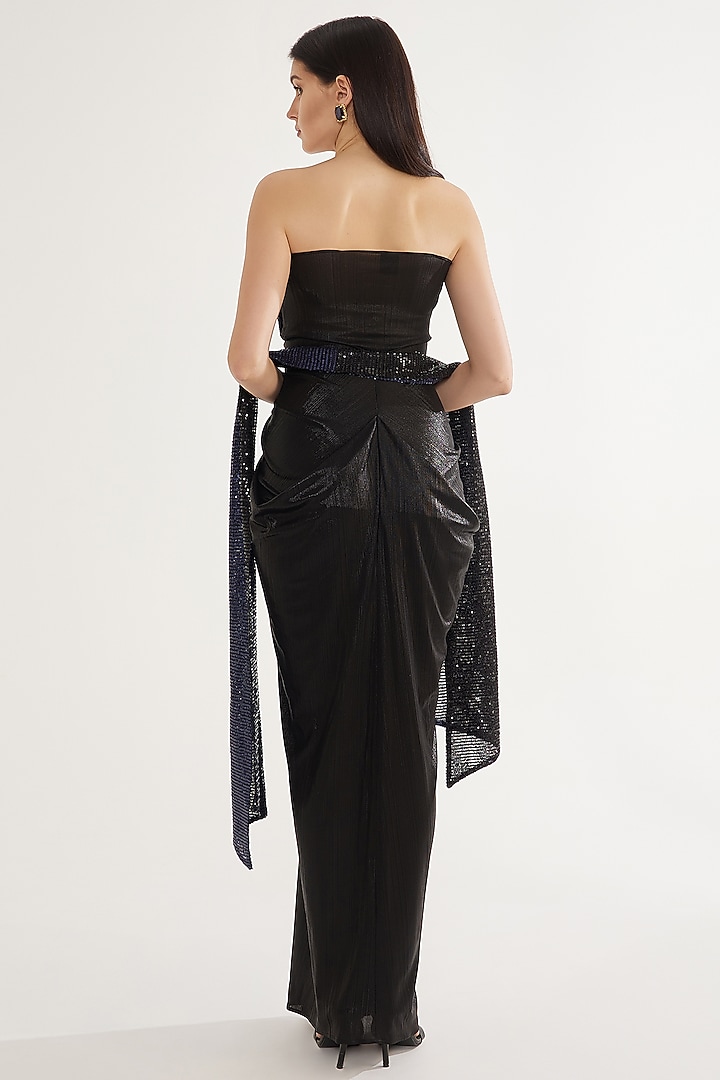Black Stretch Knit Foil Sequins Draped Party Wear Gown by CHAM CHAM at Pernia's Pop Up Shop