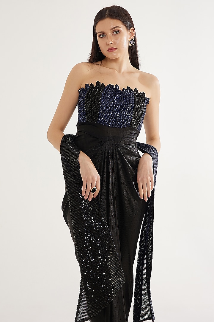 Black Stretch Knit Foil Sequins Draped Party Wear Gown by CHAM CHAM at Pernia's Pop Up Shop