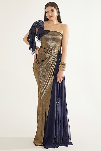 Antique Gold & Navy Blue Stretch Knit Foil Sequins Embellished Ruffled Party Wear Gown by CHAM CHAM at Pernia's Pop Up Shop
