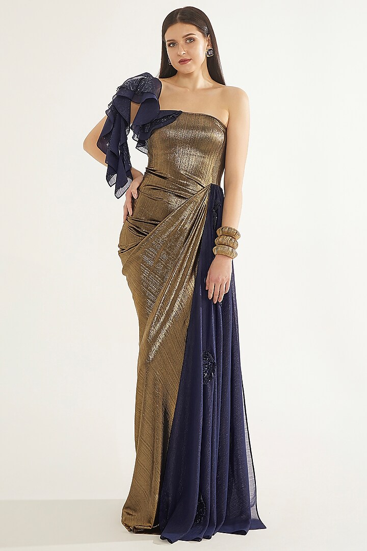 Antique Gold & Navy Blue Stretch Knit Foil Sequins Embellished Ruffled Gown by CHAM CHAM at Pernia's Pop Up Shop