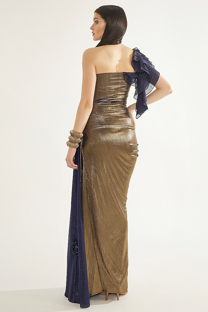 Antique Gold & Navy Blue Stretch Knit Foil Sequins Embellished Ruffled Party Wear Gown by CHAM CHAM at Pernia's Pop Up Shop