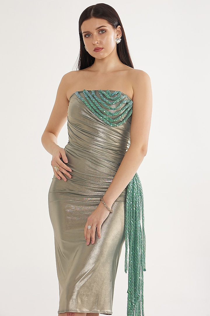 Sea Green Stretch Knit Foil Gathered Bodycon Vacation Dress by CHAM CHAM at Pernia's Pop Up Shop