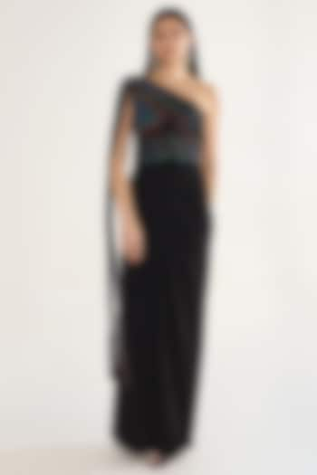 Black Stretch Knit Sequins Embellished One-Shoulder Draped Gown by CHAM CHAM at Pernia's Pop Up Shop