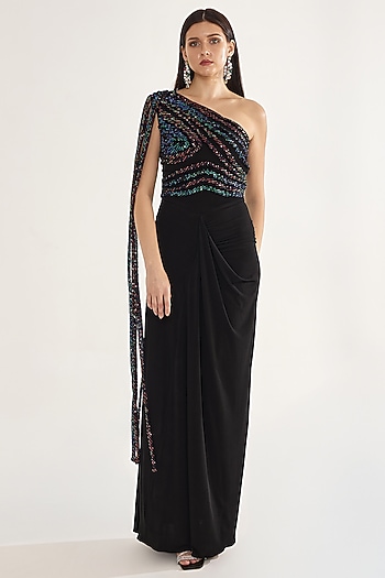 Black Stretch Knit Sequins Embellished One-Shoulder Draped Party Wear Gown by CHAM CHAM at Pernia's Pop Up Shop