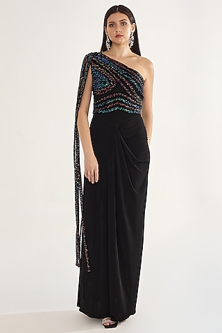 Black Stretch Knit Sequins Embellished One-Shoulder Draped Gown by CHAM CHAM