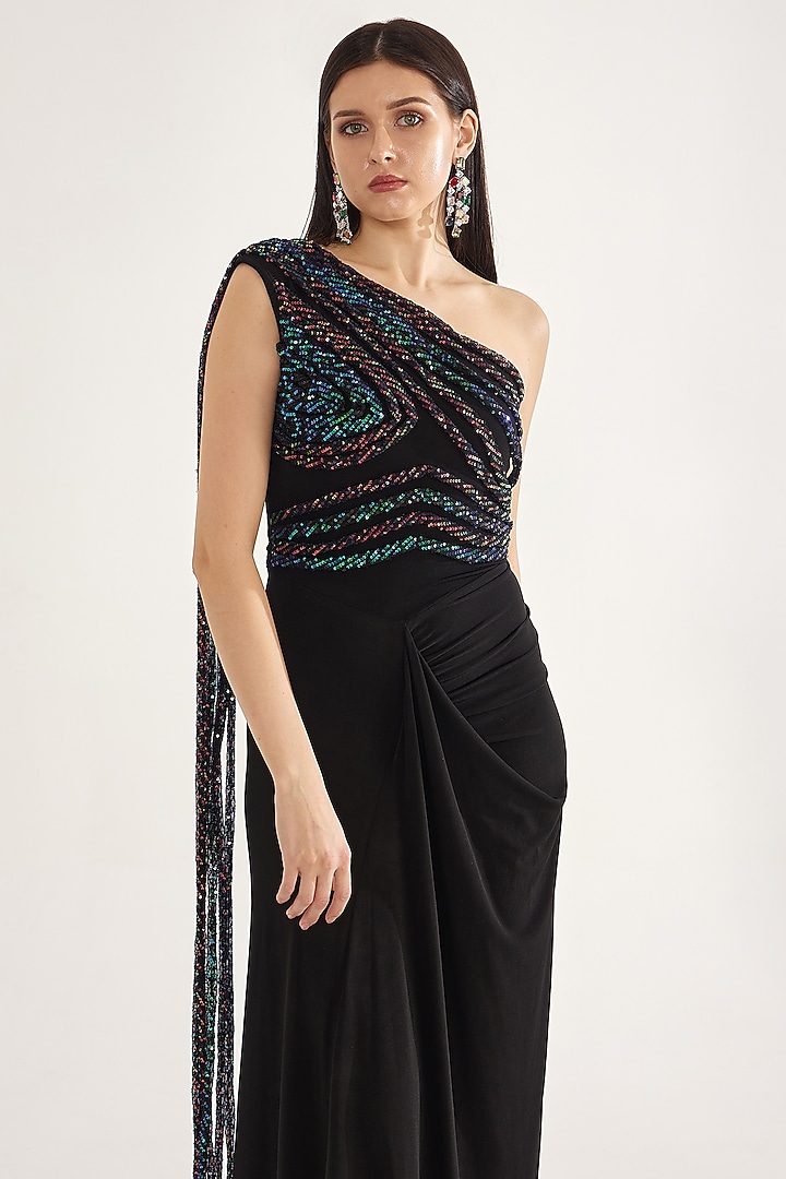 Black Stretch Knit Sequins Embellished One-Shoulder Draped Party Wear Gown by CHAM CHAM at Pernia's Pop Up Shop