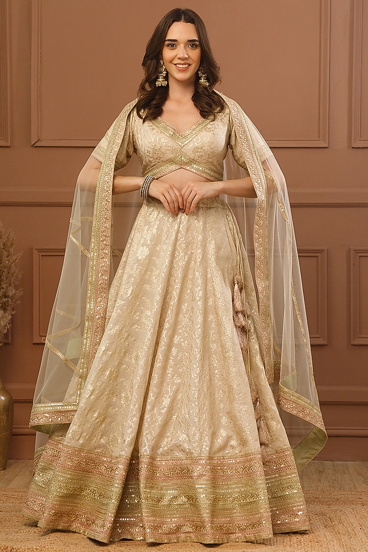 Beige Pure Banarasi Chanderi Embroidered Wedding Lehenga Set by CHARLIE AHUJA at Pernia's Pop Up Shop