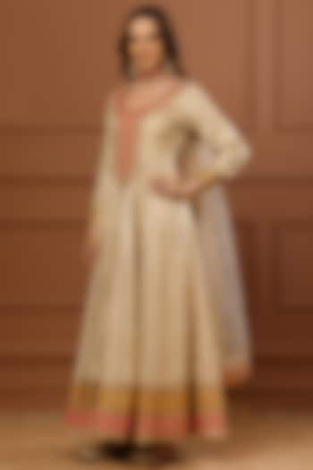 Beige Banarasi Chanderi Embroidered Party Wear Anarkali Set by CHARLIE AHUJA at Pernia's Pop Up Shop
