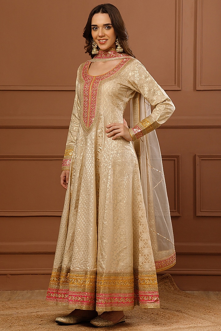Beige Banarasi Chanderi Embroidered Party Wear Anarkali Set by CHARLIE AHUJA at Pernia's Pop Up Shop