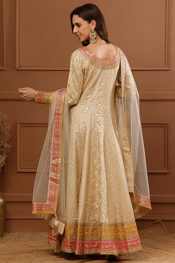 Beige Banarasi Chanderi Embroidered Party Wear Anarkali Set by CHARLIE AHUJA at Pernia's Pop Up Shop