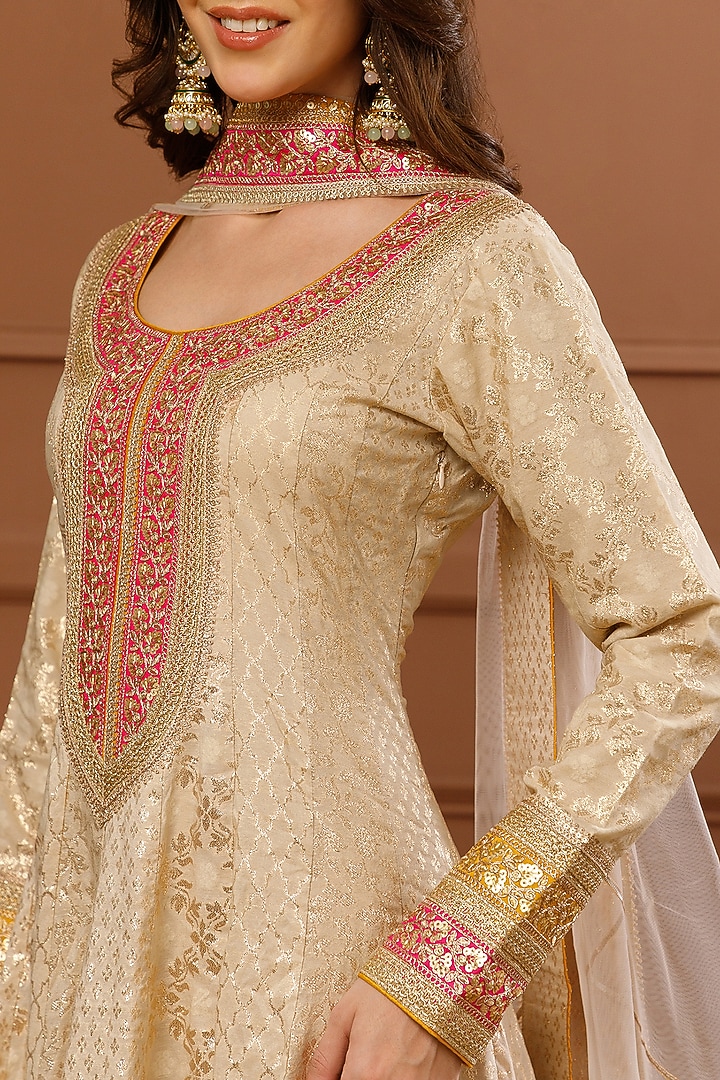 Beige Banarasi Chanderi Embroidered Party Wear Anarkali Set by CHARLIE AHUJA at Pernia's Pop Up Shop