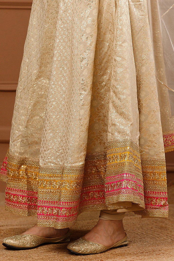 Beige Banarasi Chanderi Embroidered Party Wear Anarkali Set by CHARLIE AHUJA at Pernia's Pop Up Shop