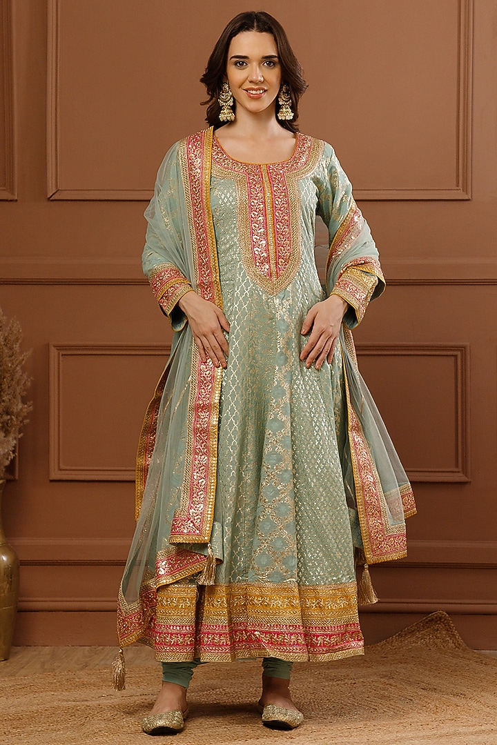 Mint Banarasi Chanderi Embroidered Party Wear Anarkali Set by CHARLIE AHUJA at Pernia's Pop Up Shop