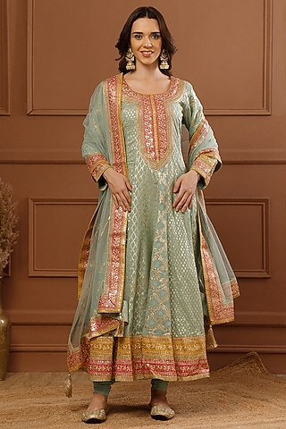 Mint Banarasi Chanderi Embroidered Anarkali Set by CHARLIE AHUJA