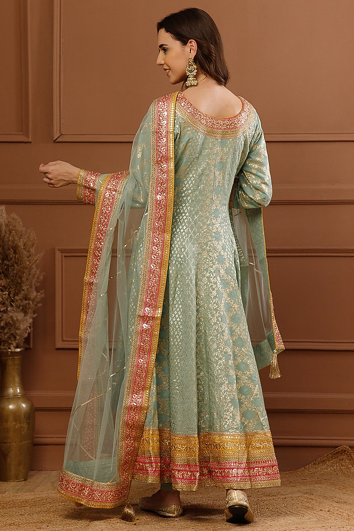 Mint Banarasi Chanderi Embroidered Party Wear Anarkali Set by CHARLIE AHUJA at Pernia's Pop Up Shop