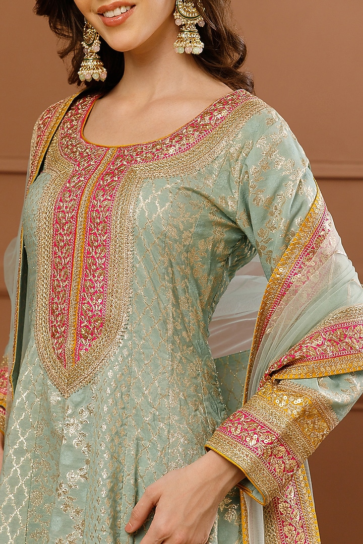 Mint Banarasi Chanderi Embroidered Party Wear Anarkali Set by CHARLIE AHUJA at Pernia's Pop Up Shop