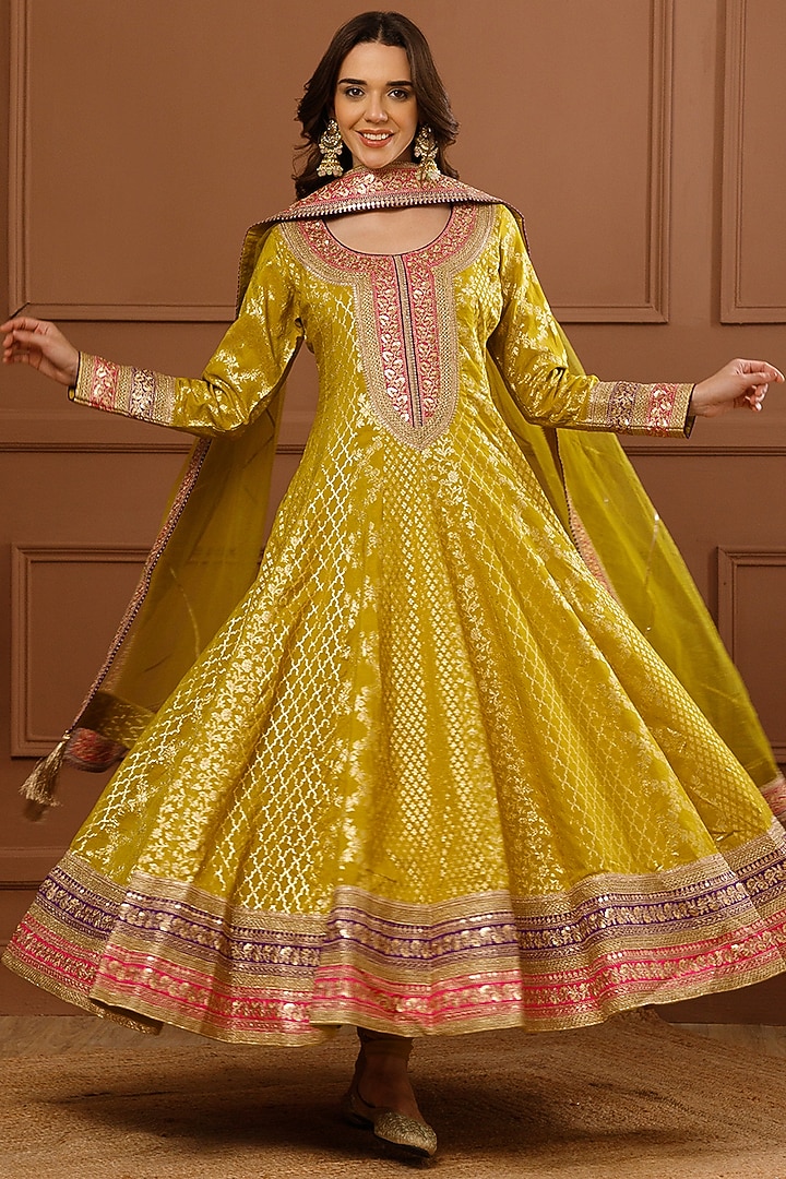 Mehendi Colored Banarasi Chanderi Embroidered Party Wear Anarkali Set by CHARLIE AHUJA at Pernia's Pop Up Shop