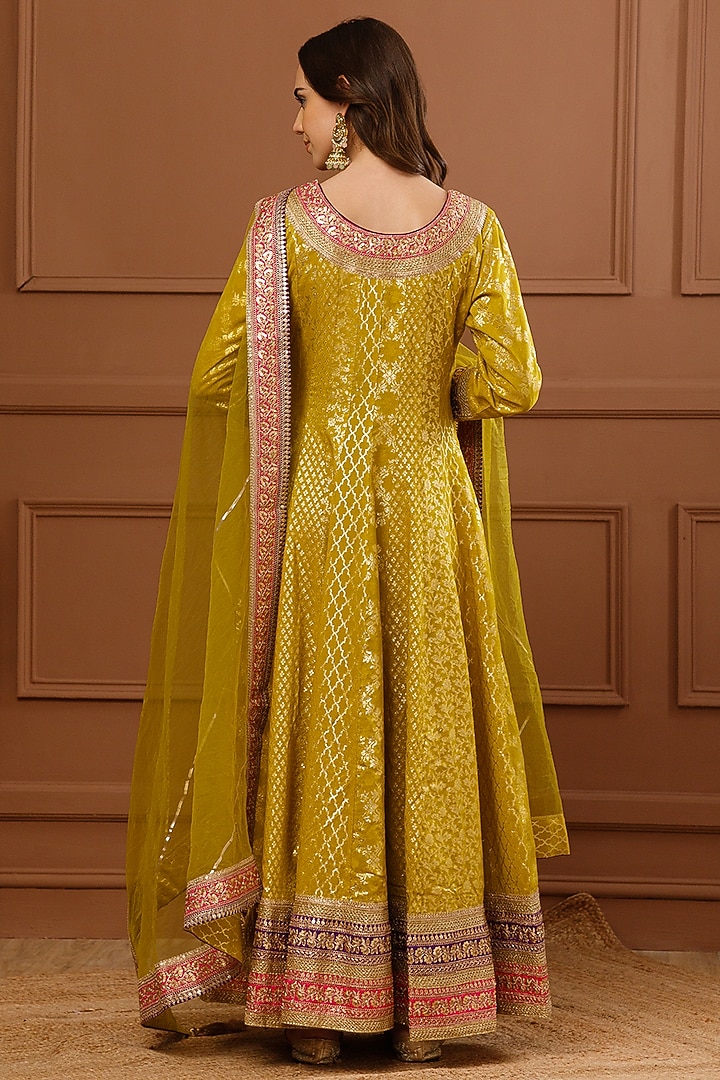 Mehendi Colored Banarasi Chanderi Embroidered Party Wear Anarkali Set by CHARLIE AHUJA at Pernia's Pop Up Shop