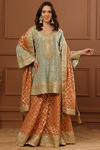 Rust Viscose Organza Embroidered Sharara Set by CHARLIE AHUJA