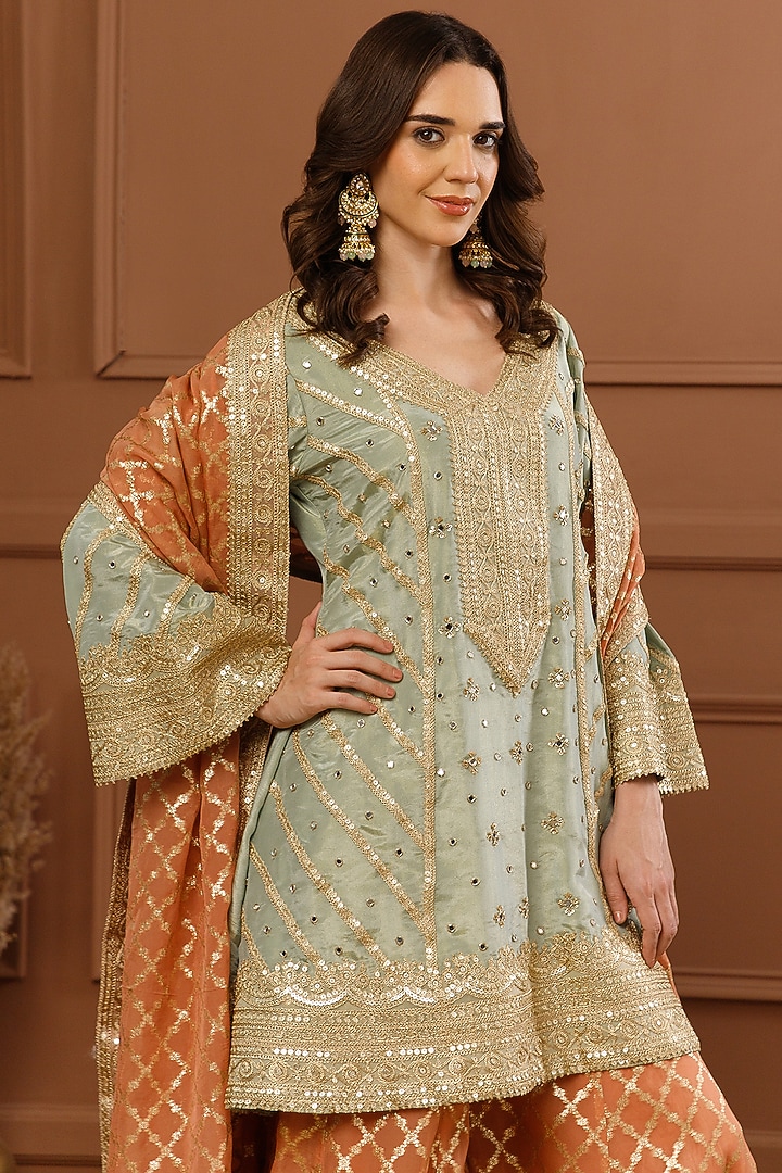 Rust Viscose Organza Embroidered Wedding Sharara Set by CHARLIE AHUJA at Pernia's Pop Up Shop