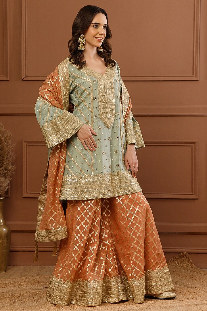 Rust Viscose Organza Embroidered Wedding Sharara Set by CHARLIE AHUJA at Pernia's Pop Up Shop