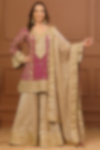 Beige Viscose Organza Embroidered Wedding Sharara Set by CHARLIE AHUJA at Pernia's Pop Up Shop