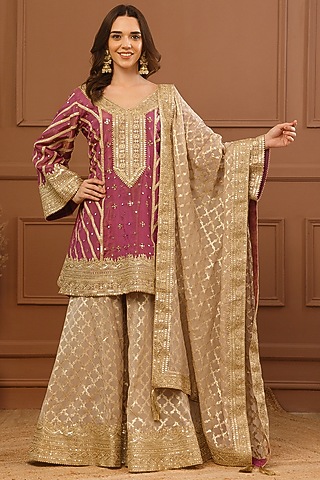 Beige Viscose Organza Embroidered Sharara Set by CHARLIE AHUJA