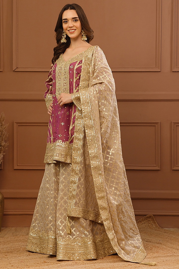 Beige Viscose Organza Embroidered Wedding Sharara Set by CHARLIE AHUJA at Pernia's Pop Up Shop