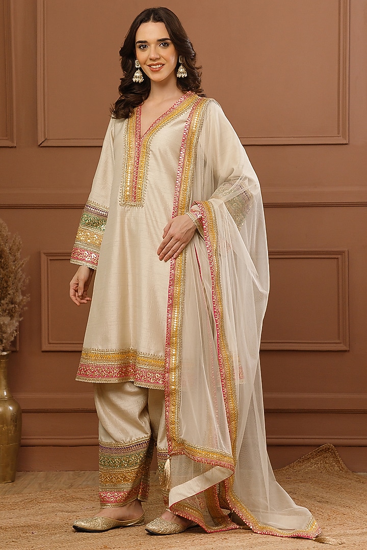 Ivory Bemberg Silk Embroidered Kurta Set by CHARLIE AHUJA at Pernia's Pop Up Shop